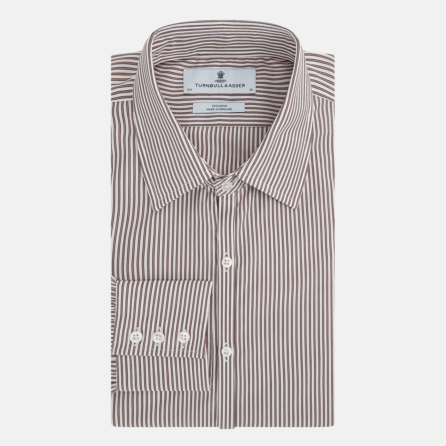 View 5 of product The Burgundy Halo Stripe Westminster Shirt by Turnbull & Asser features long sleeves, a button-up front, a Westminster collar, and thin vertical brown and white stripes, shown on a plain white background.