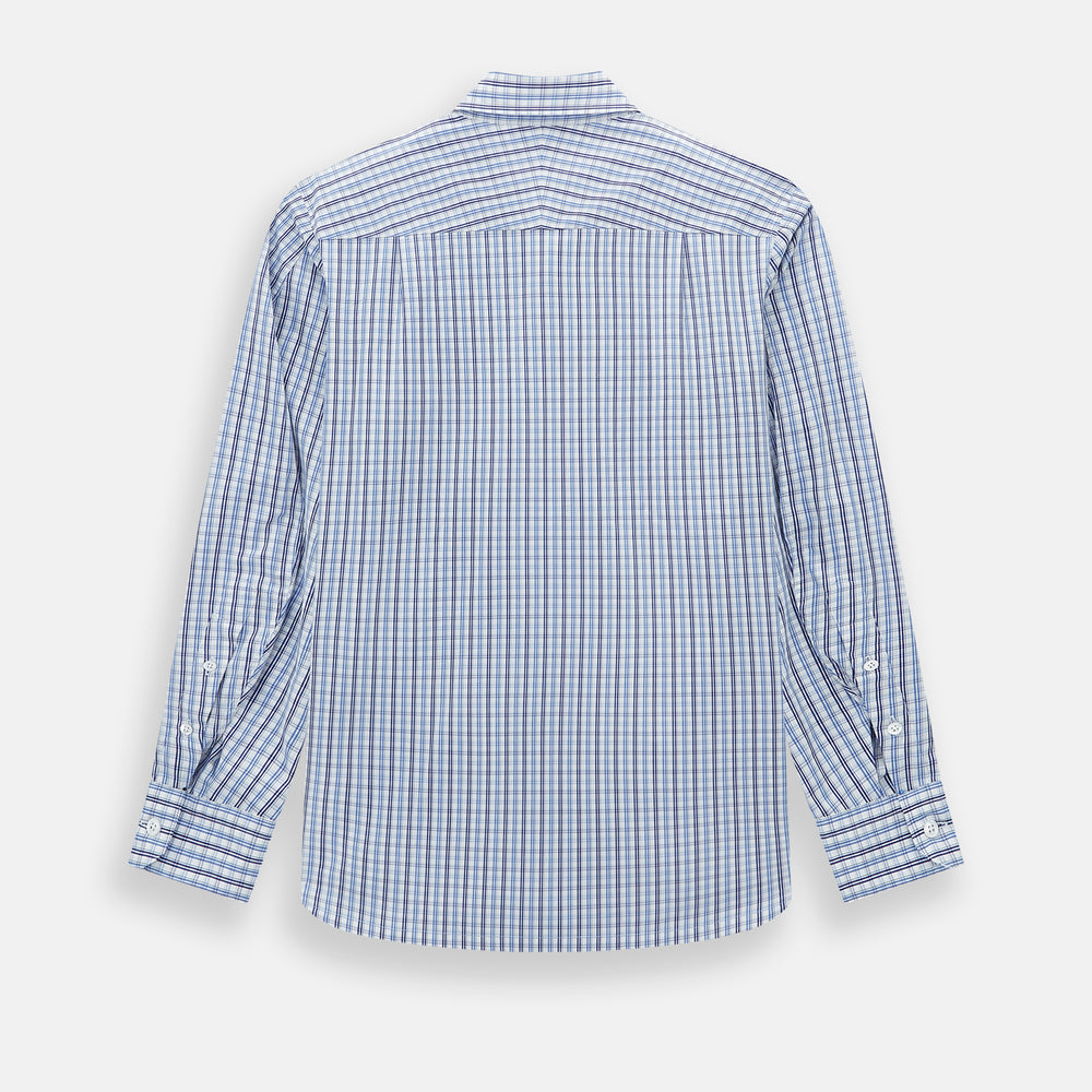 Turnbull & Asser's Blue and Navy Multi Check Piccadilly Shirt features long sleeves, a pointed collar, and two buttoned chest pockets, shown on a white background.
