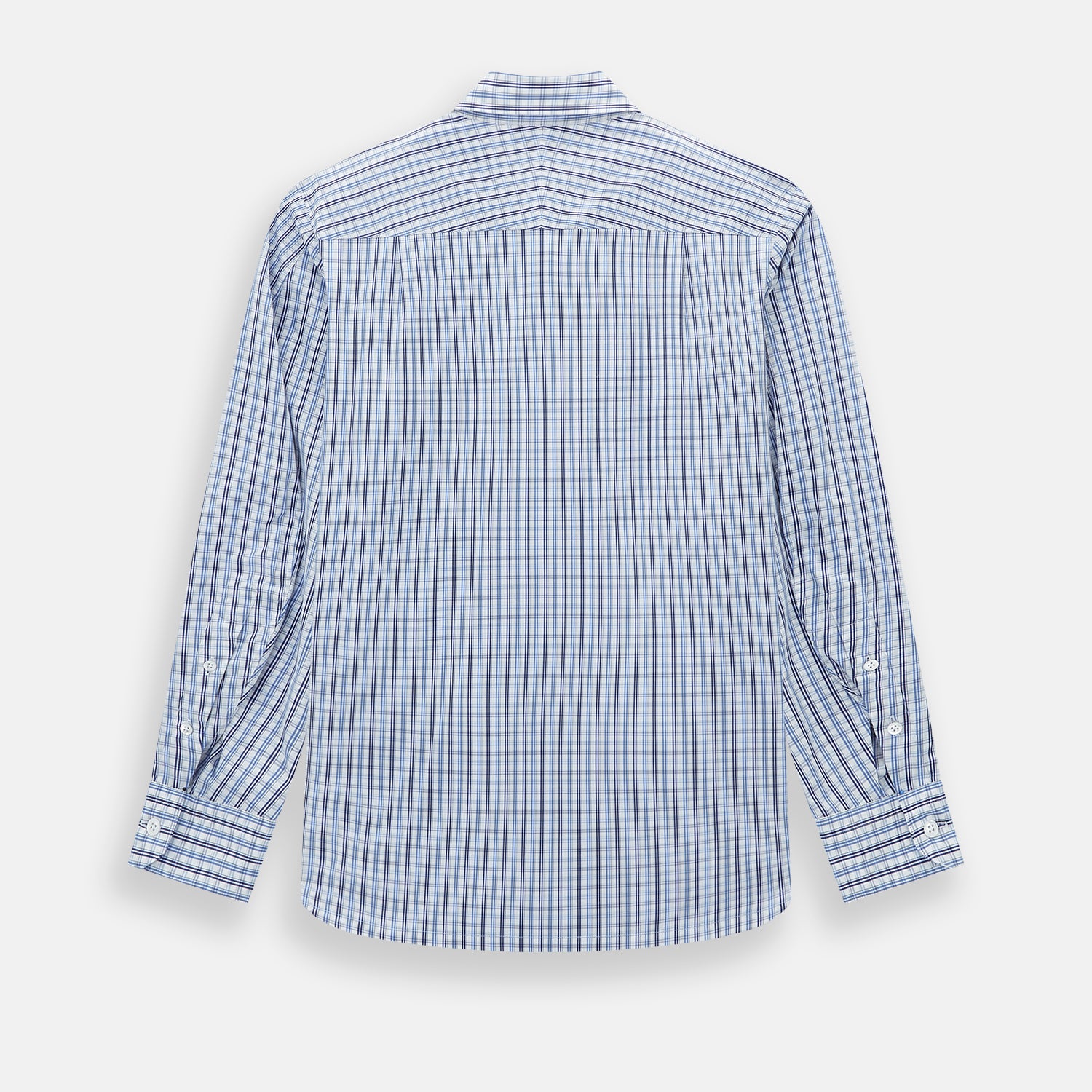 View 3 of product Turnbull & Asser's Blue and Navy Multi Check Piccadilly Shirt features long sleeves, a pointed collar, and two buttoned chest pockets, shown on a white background.