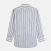 View 5 of product The Turnbull & Asser Sand Multi Stripe Regular Fit Shirt features a T&A collar, 3 button cuffs, and vertical blue, white, and light brown stripes. The shirt is shown neatly laid flat on a white background.