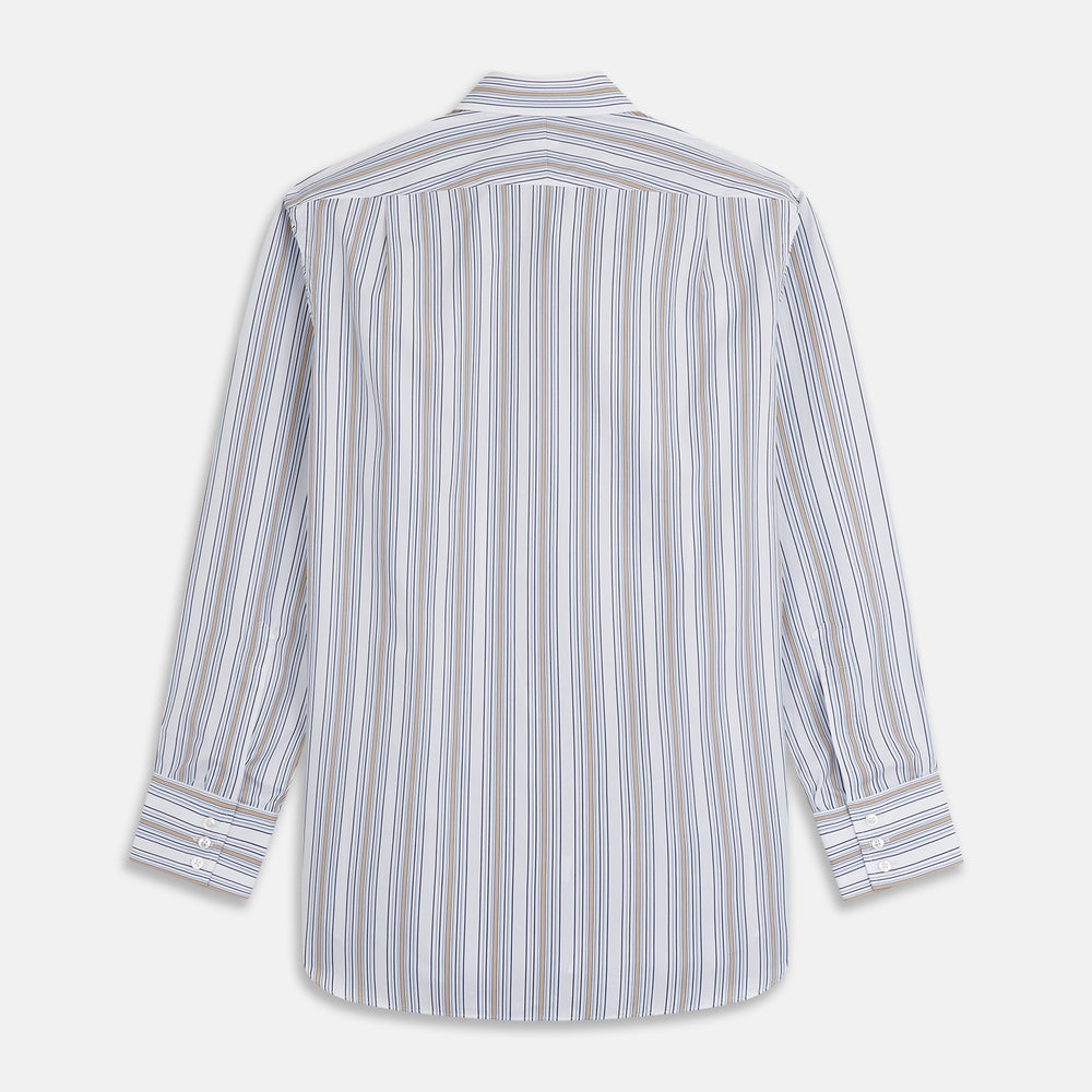 The Turnbull & Asser Sand Multi Stripe Regular Fit Shirt features a T&A collar, 3 button cuffs, and vertical blue, white, and light brown stripes. The shirt is shown neatly laid flat on a white background.