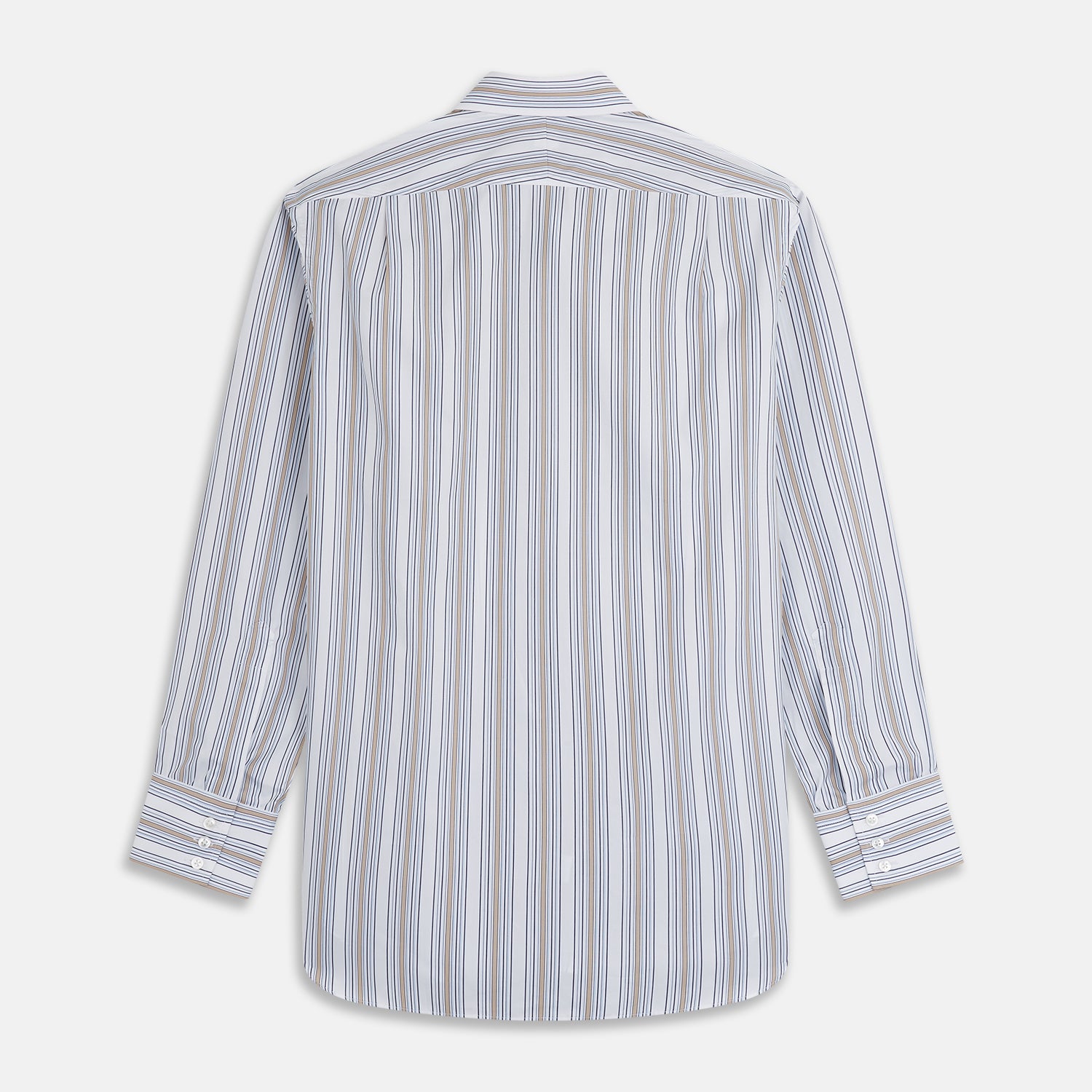 View 5 of product The Turnbull & Asser Sand Multi Stripe Regular Fit Shirt features a T&A collar, 3 button cuffs, and vertical blue, white, and light brown stripes. The shirt is shown neatly laid flat on a white background.