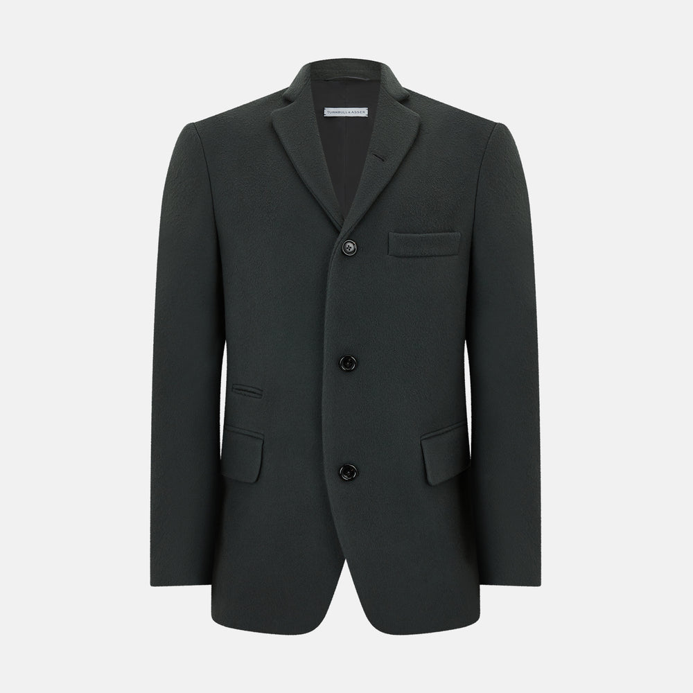 The Turnbull & Asser Moss Green Apsley Single-Breasted Caban Coat, featuring three buttons, a notched lapel, and three front pockets, is showcased on a plain white background.