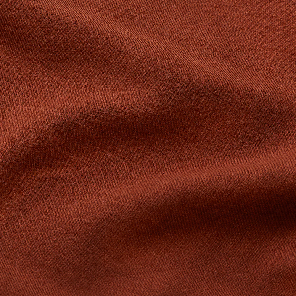 The Turnbull & Asser Burgundy Cotton and Cashmere Weekend Fit Shirt features a Dorset collar, 1-button cuffs, and a relaxed fit, shown flat against a white background.