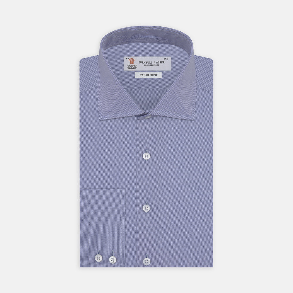 A Turnbull & Asser Tailored Fit Blue Royal Oxford Cotton Shirt with a Kent collar and 2-button cuffs is neatly displayed on a white background, highlighting its refined design and quality craftsmanship.