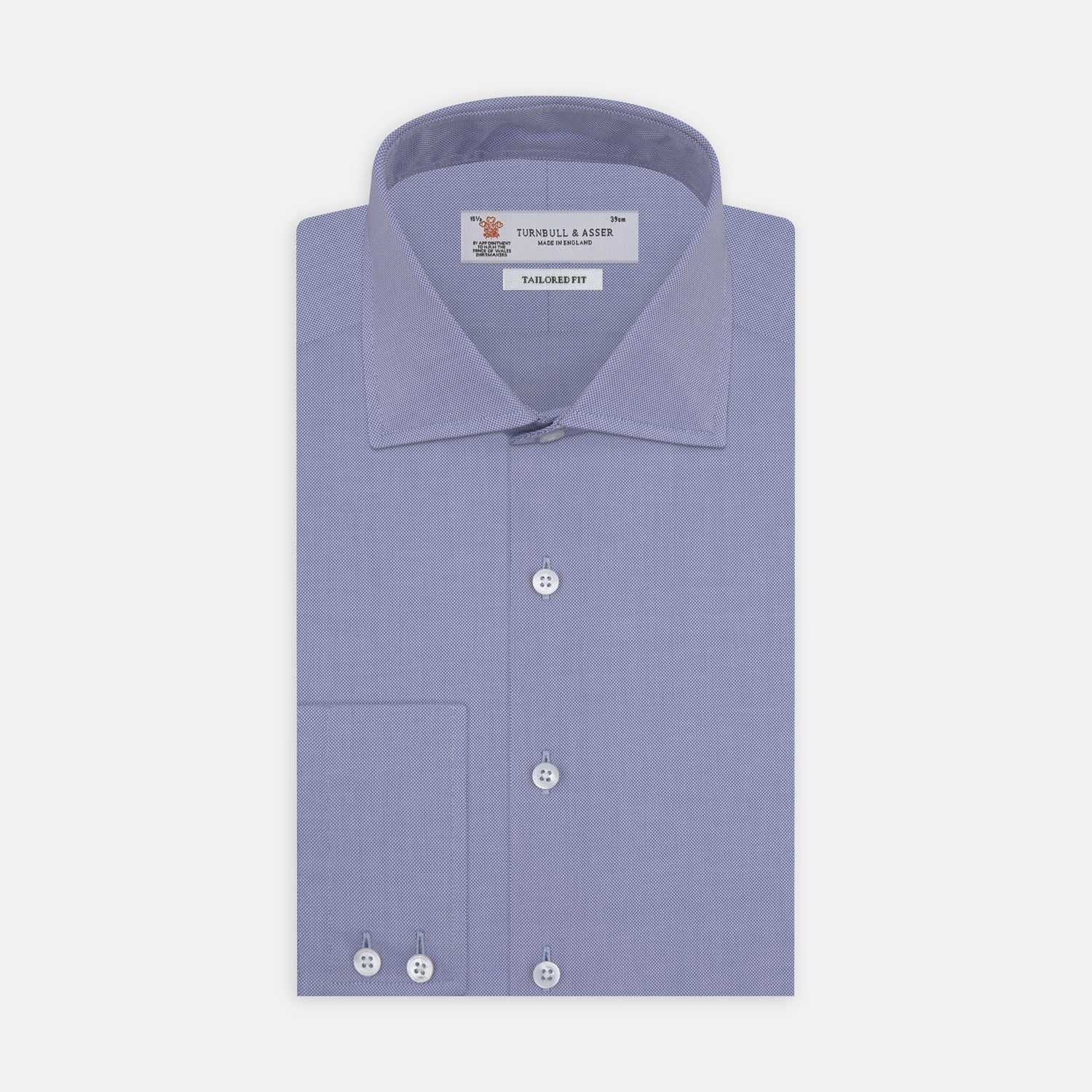 View 1 of product A Turnbull & Asser Tailored Fit Blue Royal Oxford Cotton Shirt with a Kent collar and 2-button cuffs is neatly displayed on a white background, highlighting its refined design and quality craftsmanship.