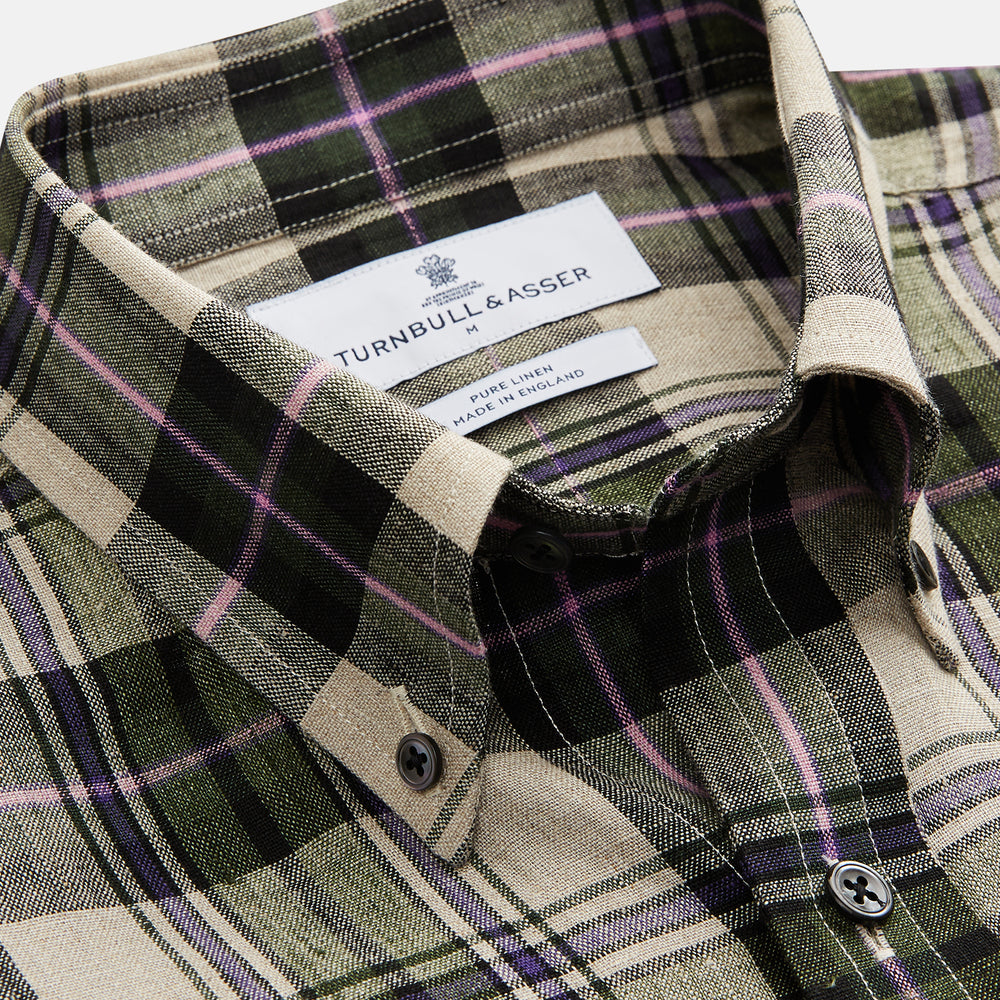 Turnbull & Asser Green & Purple Check Weekend Fit Linen Shirt with Dorset collar and 1-button cuffs, shown flat on a white background.