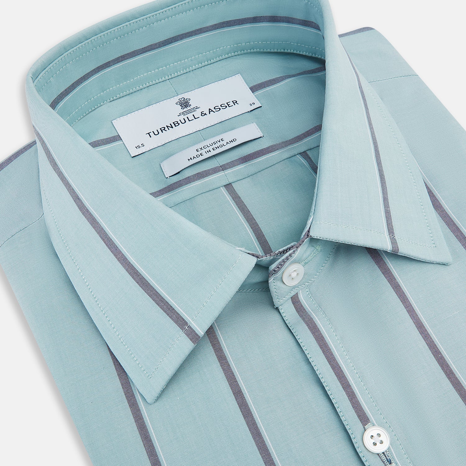 View 2 of product The Light Sage Track Stripe Westminster Shirt by Turnbull & Asser features a Turnbull collar, long sleeves, and vertical track stripes, shown on a white background.