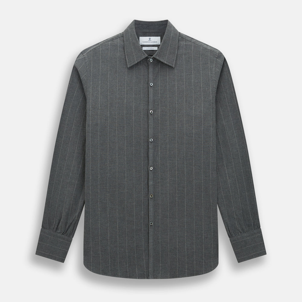 The Charcoal Melange Wide Stripe Westminster Shirt from Turnbull & Asser features long sleeves, a tailored fit, pointed collar, buttoned cuffs, and subtle wide stripes, shown laid flat on a white background.