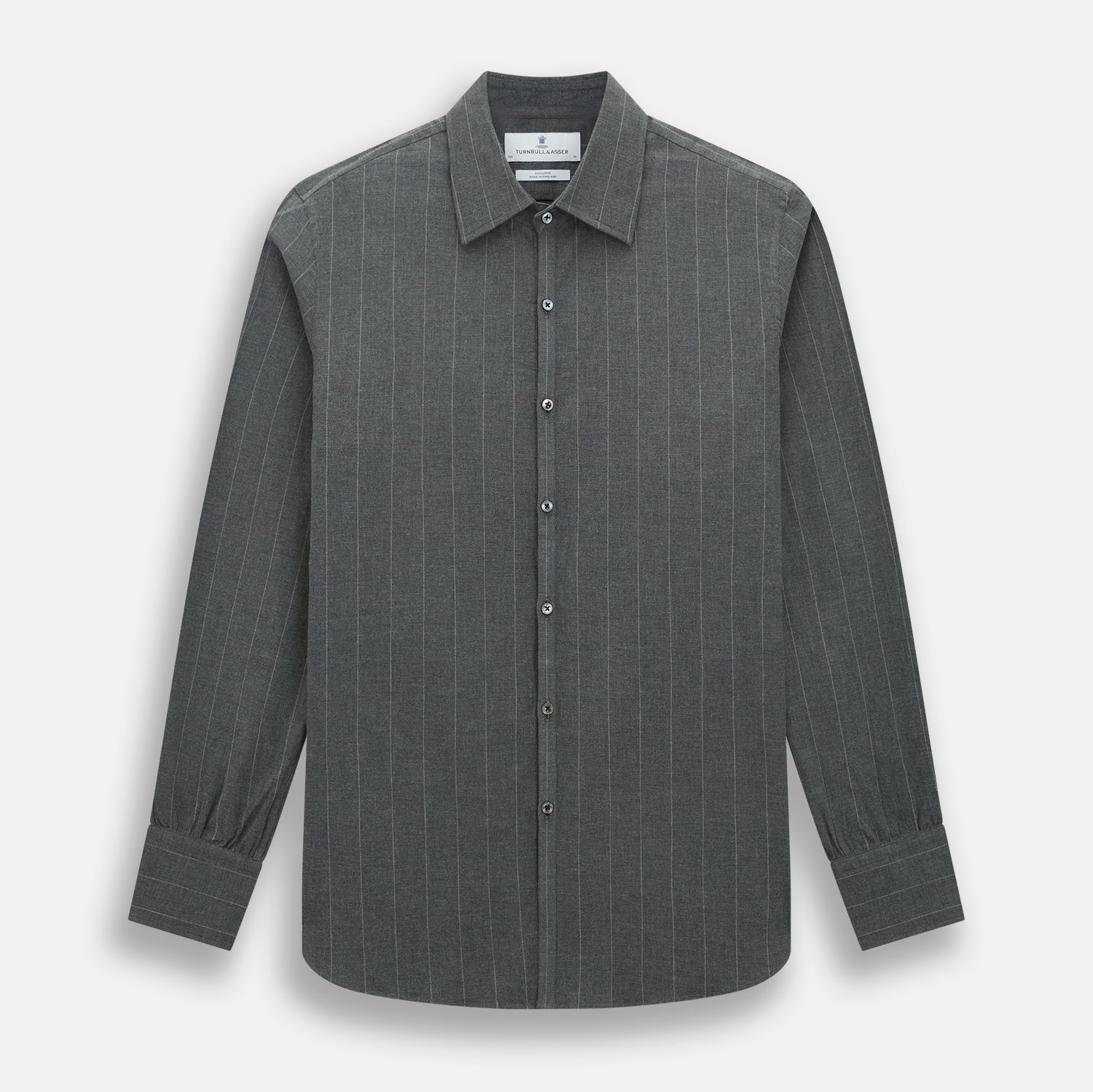 View 1 of product The Charcoal Melange Wide Stripe Westminster Shirt from Turnbull & Asser features long sleeves, a tailored fit, pointed collar, buttoned cuffs, and subtle wide stripes, shown laid flat on a white background.