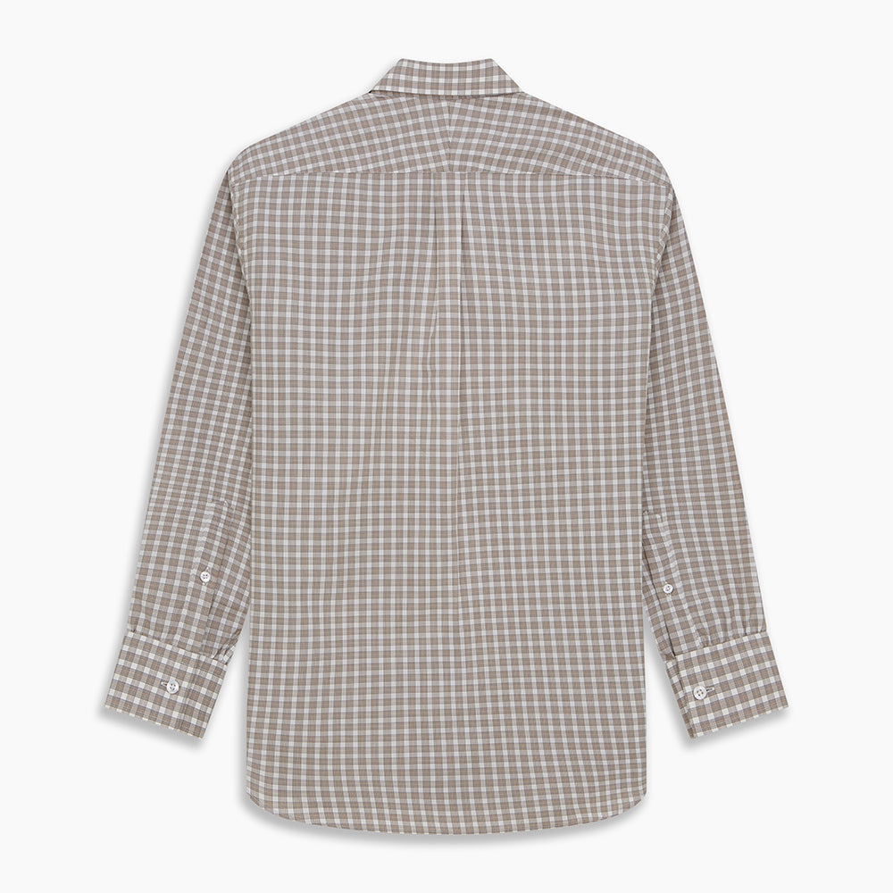 A grey and peach multi-check long-sleeve Cashmerello Finch Shirt by Turnbull & Asser, featuring a classic collar and white buttons, displayed on a white background. This stylish Weekend Fit shirt offers a refined look for summer.