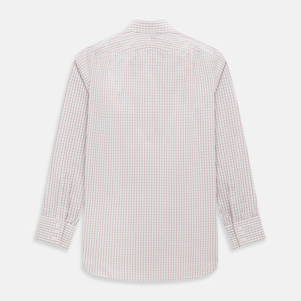 The Turnbull & Asser Red Tattersall Check Mayfair Shirt features long sleeves, a collar, and Italian cotton with a red tattersall check on white, shown flat against a white background.