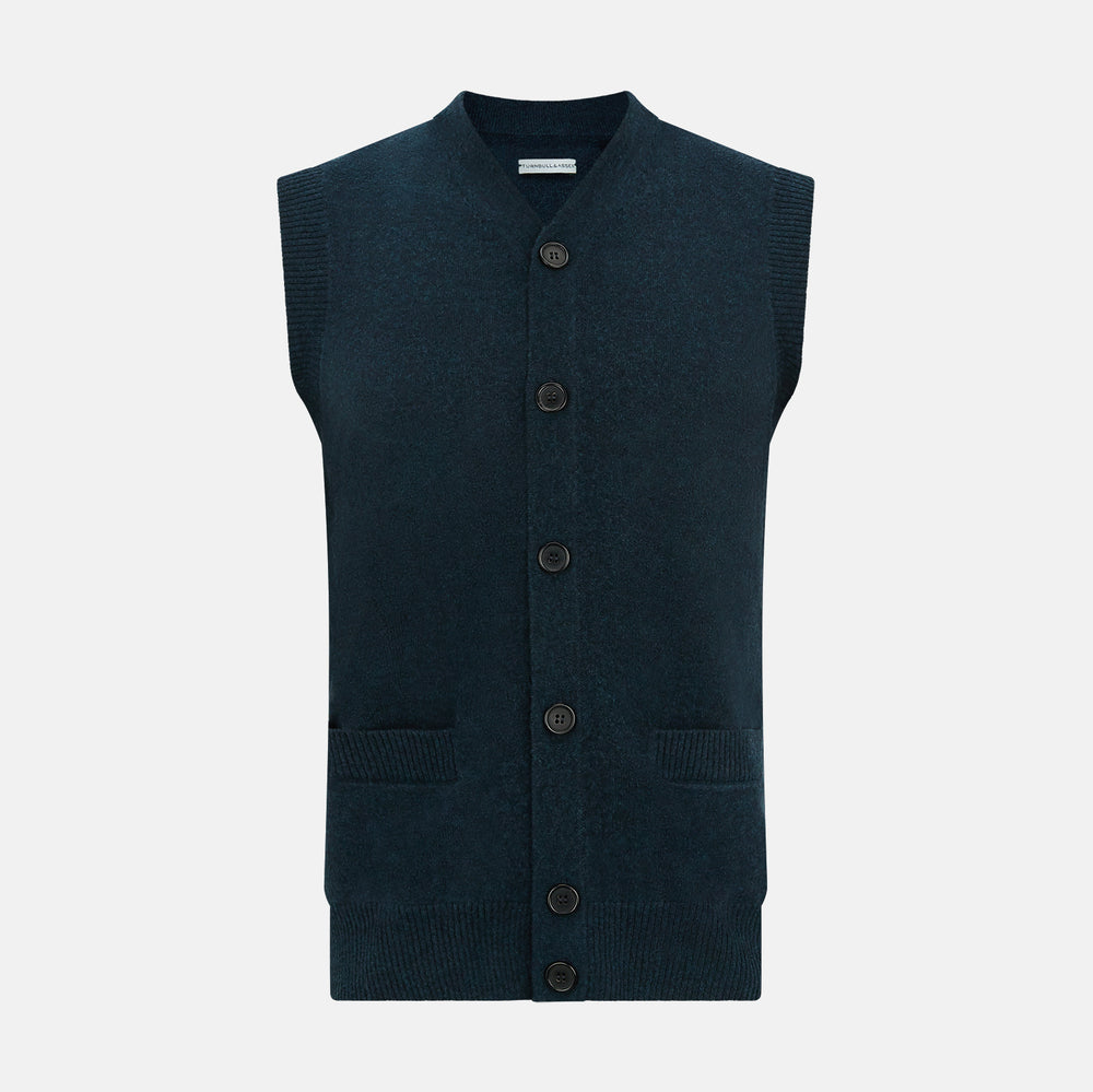 The Turnbull & Asser Dark Green Melange Cashmere Sleeveless Cardigan features ribbed edges, two front pockets, and a round neckline, presented against a plain white background.