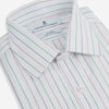 View 2 of product The Turnbull & Asser Pink and Green Wide Pinstripe Mayfair Shirt is a long-sleeve, button-up shirt made from organic cotton, shown laid flat on a white background.