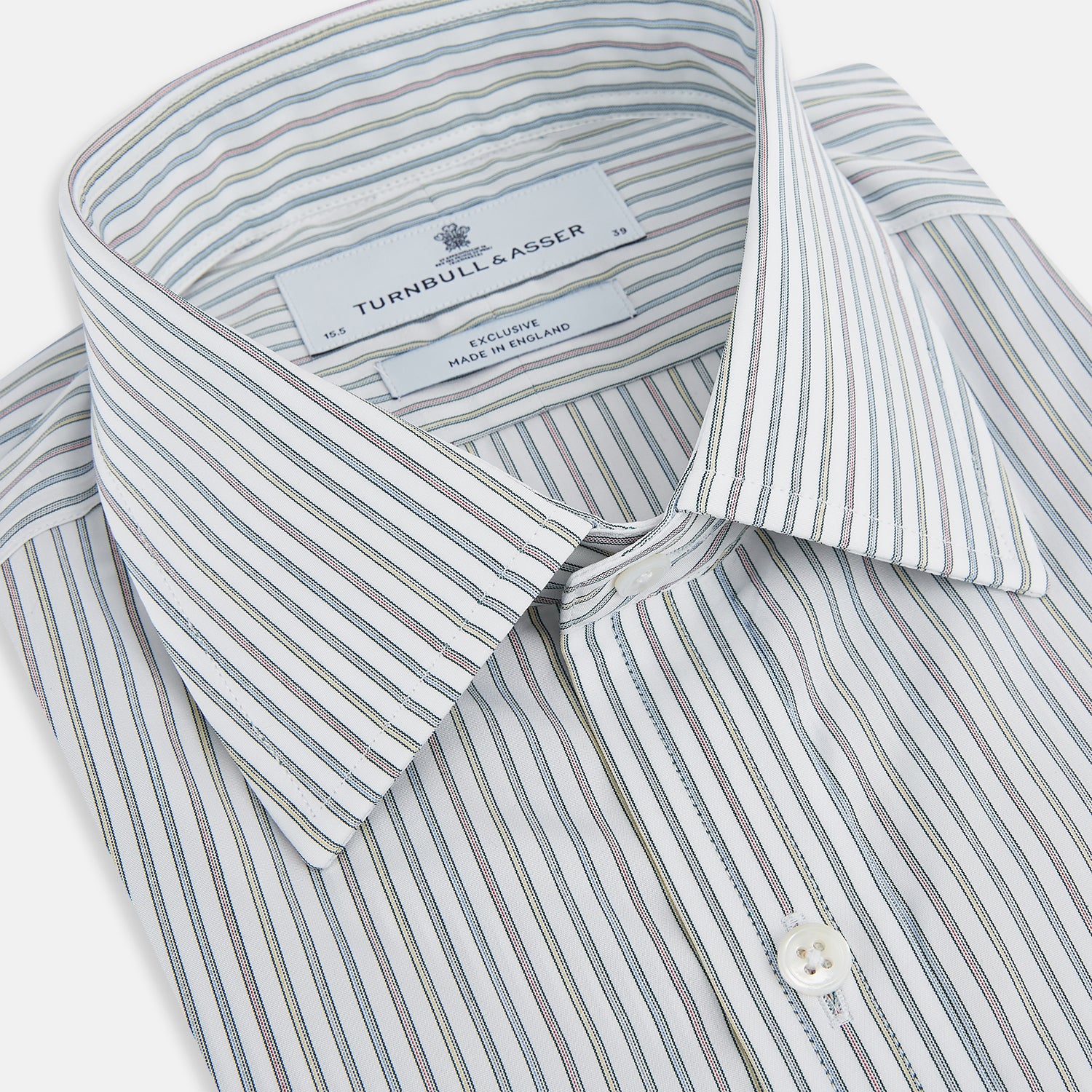 View 2 of product A Forest Green with Multicoloured Music Stripe Mayfair Shirt by Turnbull & Asser, featuring long sleeves, a signature T&A collar, and buttoned cuffs, laid flat on a white background.