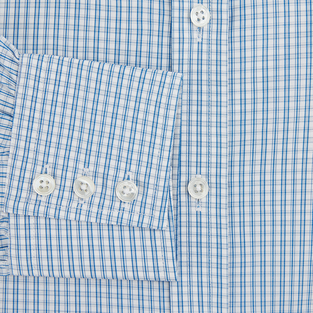 The Sky Blue Micro Graph Check Mayfair Shirt by Turnbull & Asser features a classic T&A collar, button-down front, and buttoned cuffs, shown laid flat on a white background.