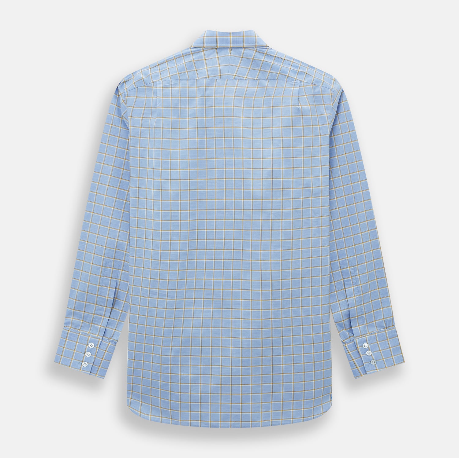 View 3 of product The Turnbull & Asser Blue and Yellow Windowpane Mayfair Shirt is crafted from fine Italian cotton, featuring a light blue base with yellow and white checks, shown on a plain white background.