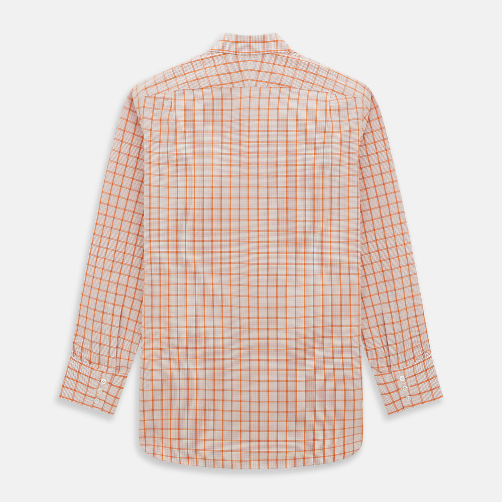 The Turnbull & Asser Orange Graph Overlay Check Mayfair Shirt is a soft organic cotton long-sleeve with button-down front, collar, and cuffs—an ideal capsule wardrobe staple—shown on a plain white background.
