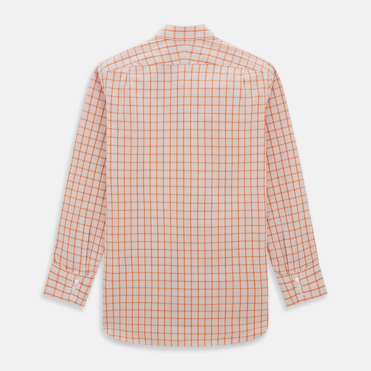View 6 of product The Turnbull & Asser Orange Graph Overlay Check Mayfair Shirt is a soft organic cotton long-sleeve with button-down front, collar, and cuffs—an ideal capsule wardrobe staple—shown on a plain white background.