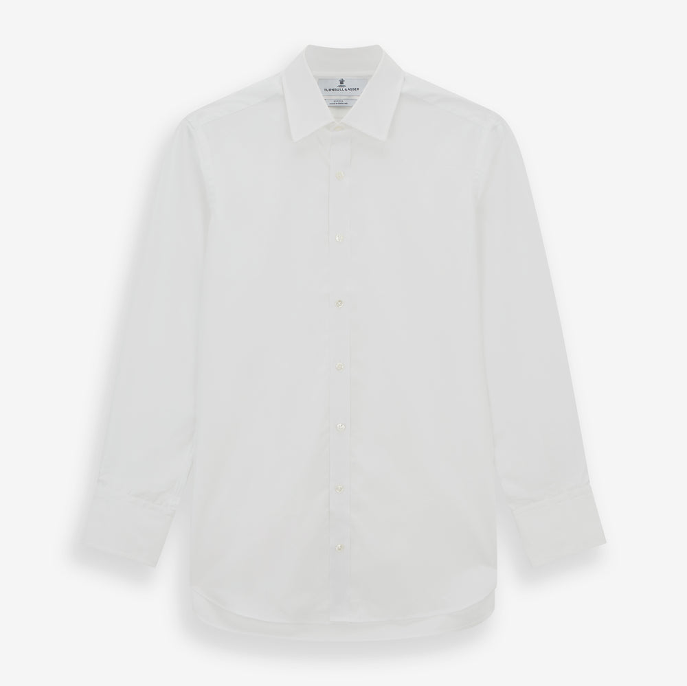 The Turnbull & Asser White West Indian Sea Island Cotton Shirt features a T&A collar, 3-button cuffs, and is crafted from luxurious long-staple cotton for exceptional softness. Displayed against a white background.
