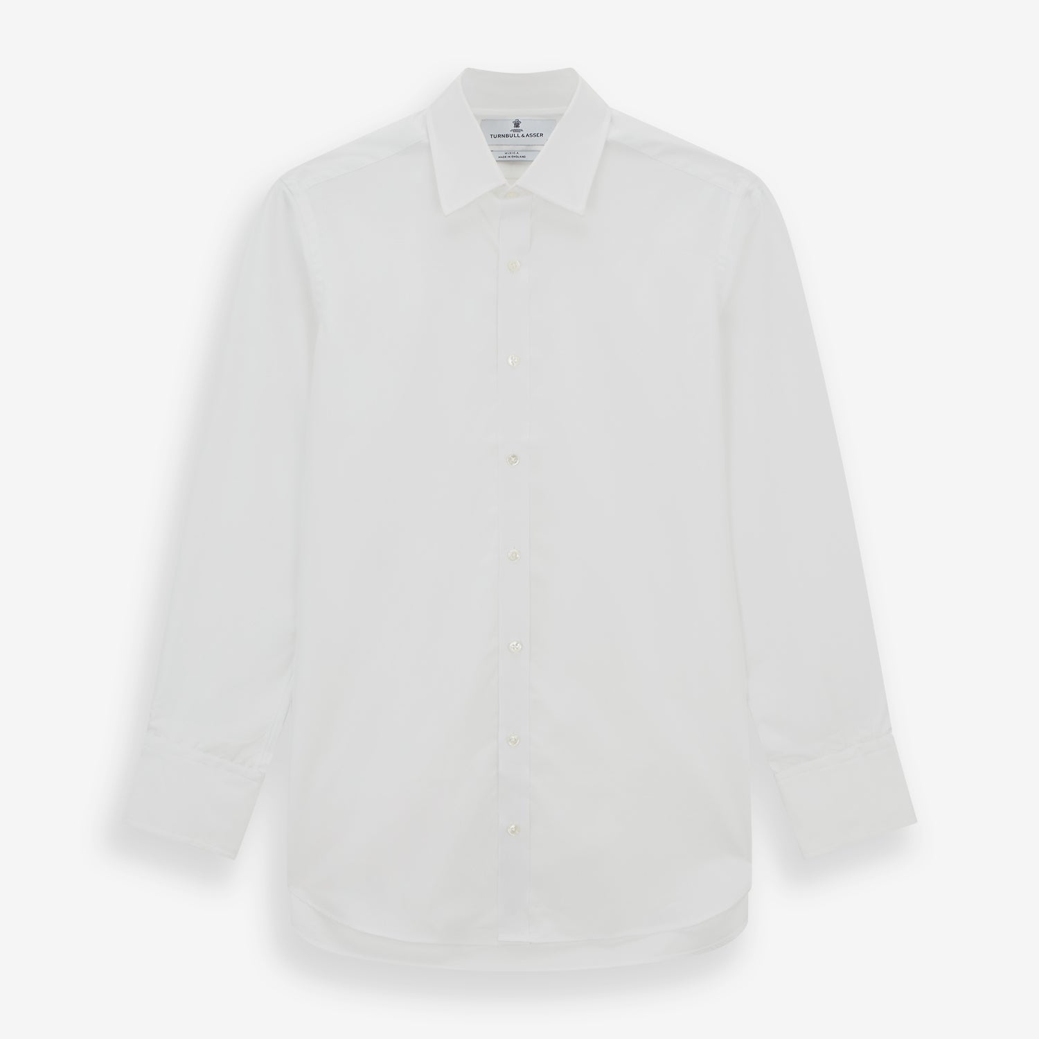 View 1 of product The Turnbull & Asser White West Indian Sea Island Cotton Shirt features a T&A collar, 3-button cuffs, and is crafted from luxurious long-staple cotton for exceptional softness. Displayed against a white background.
