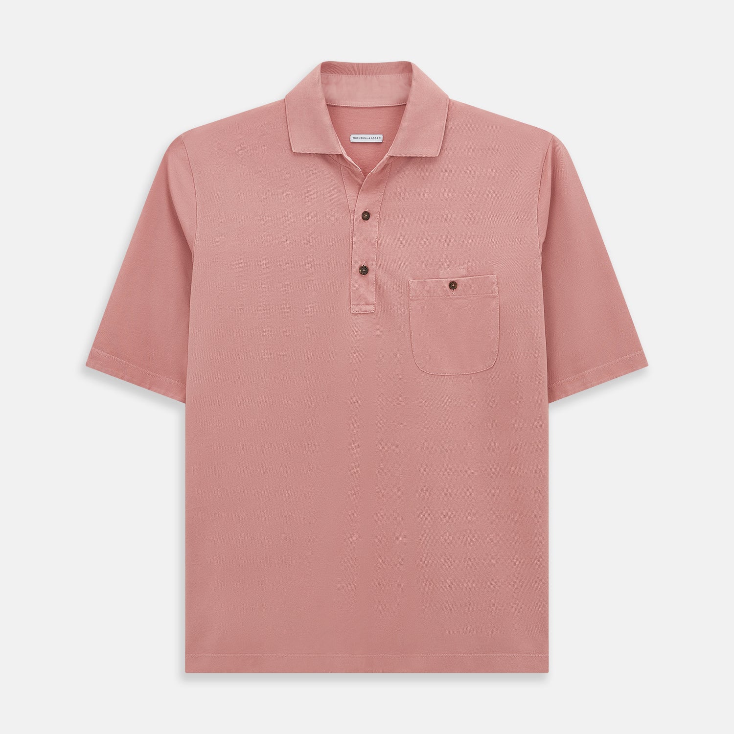 View 1 of product The Turnbull & Asser Red Polo Shirt is a men's cotton polo with short sleeves, a collar, a three-button neckline, and a buttoned chest pocket. The shirt is shown laid flat on a white background.