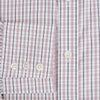 View 4 of product The Turnbull & Asser Red and Blue Multi Check Mayfair Shirt is a long-sleeve button-down made from Italian cotton with a white base and a light red and blue check pattern, shown laid flat on a white background.