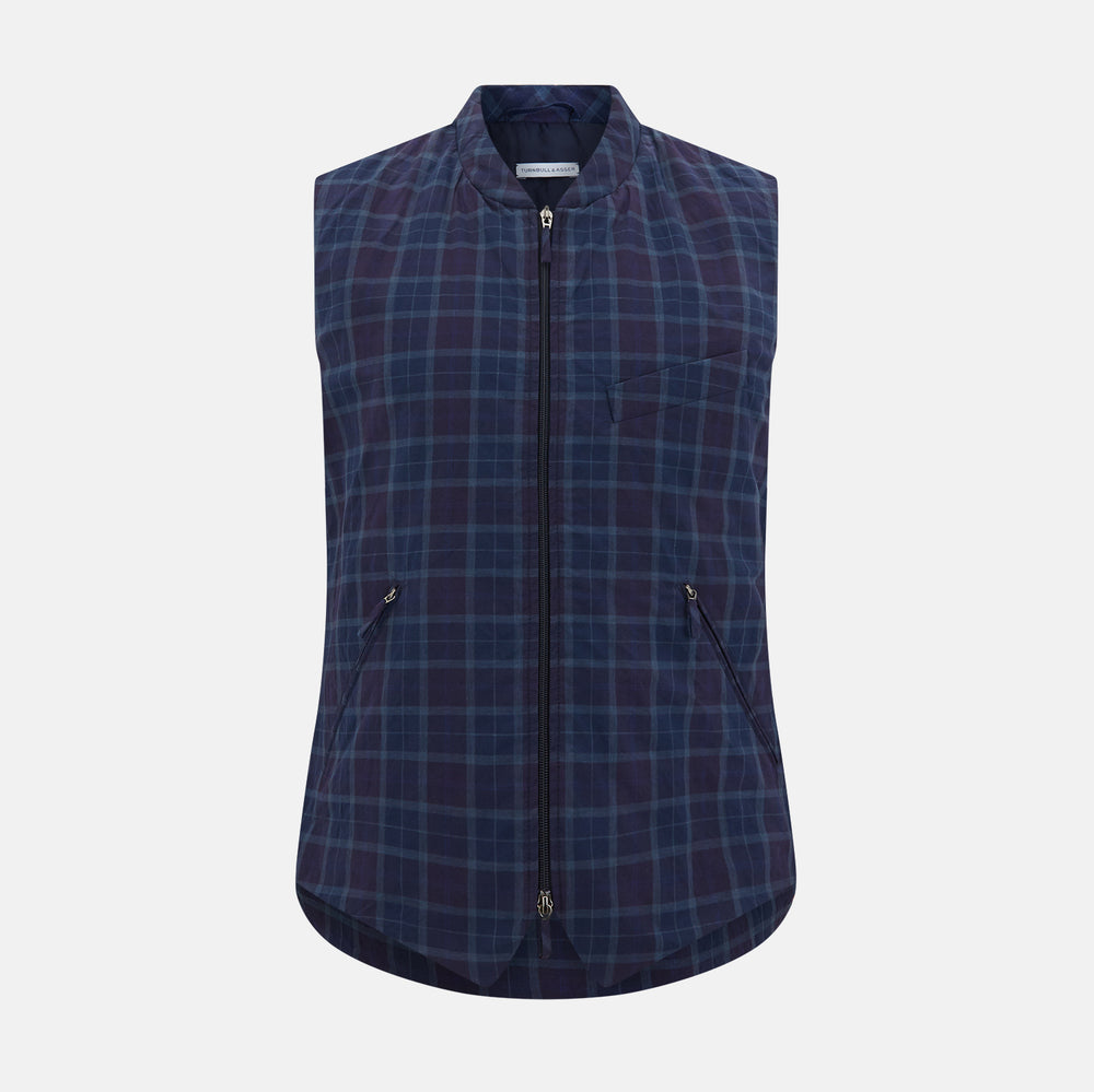 The Turnbull & Asser Navy and Purple Plaid Check Padded Gilet is sleeveless, has a front zipper, two zippered side pockets, a small chest pocket, and is shown on a plain white background.