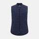 The Turnbull & Asser Navy and Purple Plaid Check Padded Gilet is sleeveless, has a front zipper, two zippered side pockets, a small chest pocket, and is shown on a plain white background.