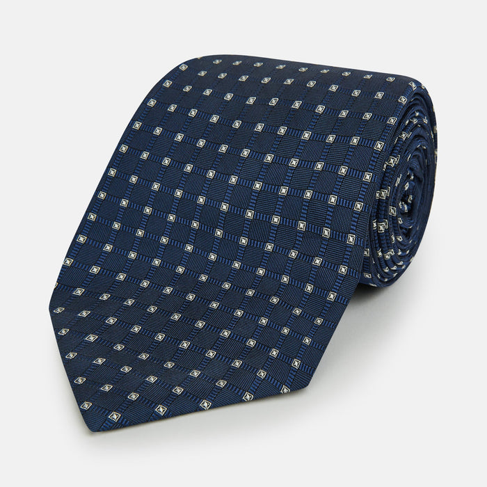 Navy and White Geometric Silk Tie