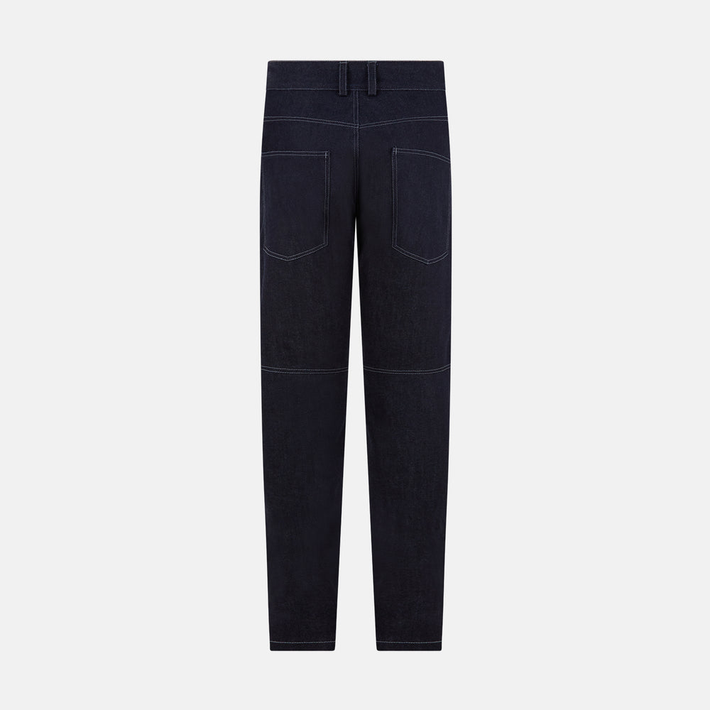 Turnbull & Asser Navy Denim Trousers feature a classic straight-leg cut, button and zipper closure, five-pocket workwear styling, and both front and back pockets, shown against a plain light background.