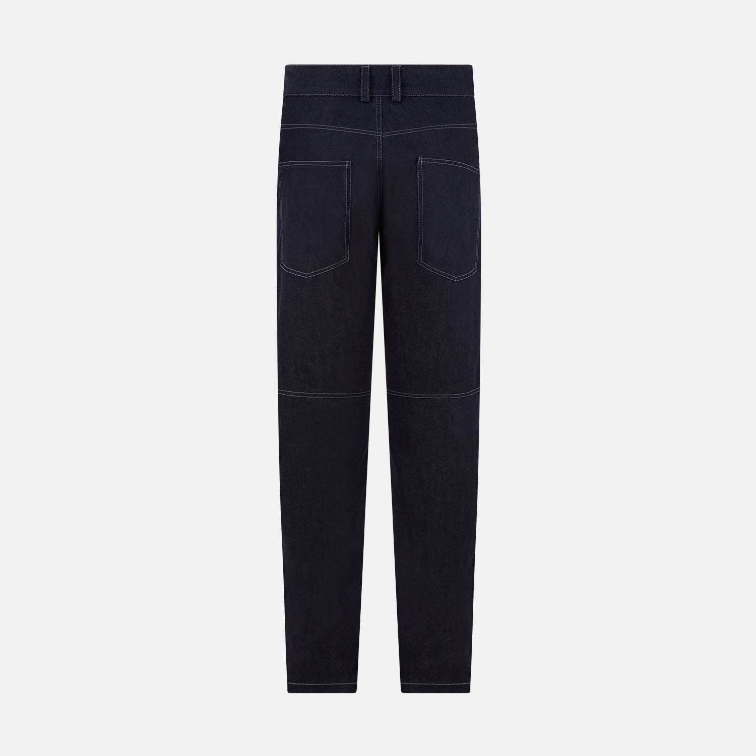 View 3 of product Turnbull & Asser Navy Denim Trousers feature a classic straight-leg cut, button and zipper closure, five-pocket workwear styling, and both front and back pockets, shown against a plain light background.
