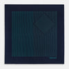 View 3 of product A Navy and Petrol Green Stripe Silk Pocket Square by Turnbull & Asser, featuring thin petrol green stripes and "Turnbull & Asser Hand Printed in England" in the bottom right corner. One corner is folded to display hand-rolled edges.