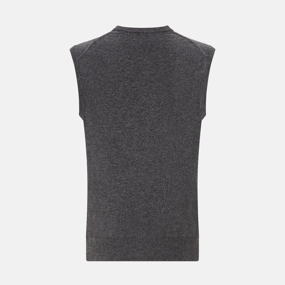 The Turnbull & Asser Charcoal Grey Melange V-neck Cashmere Vest is showcased against a plain white background.