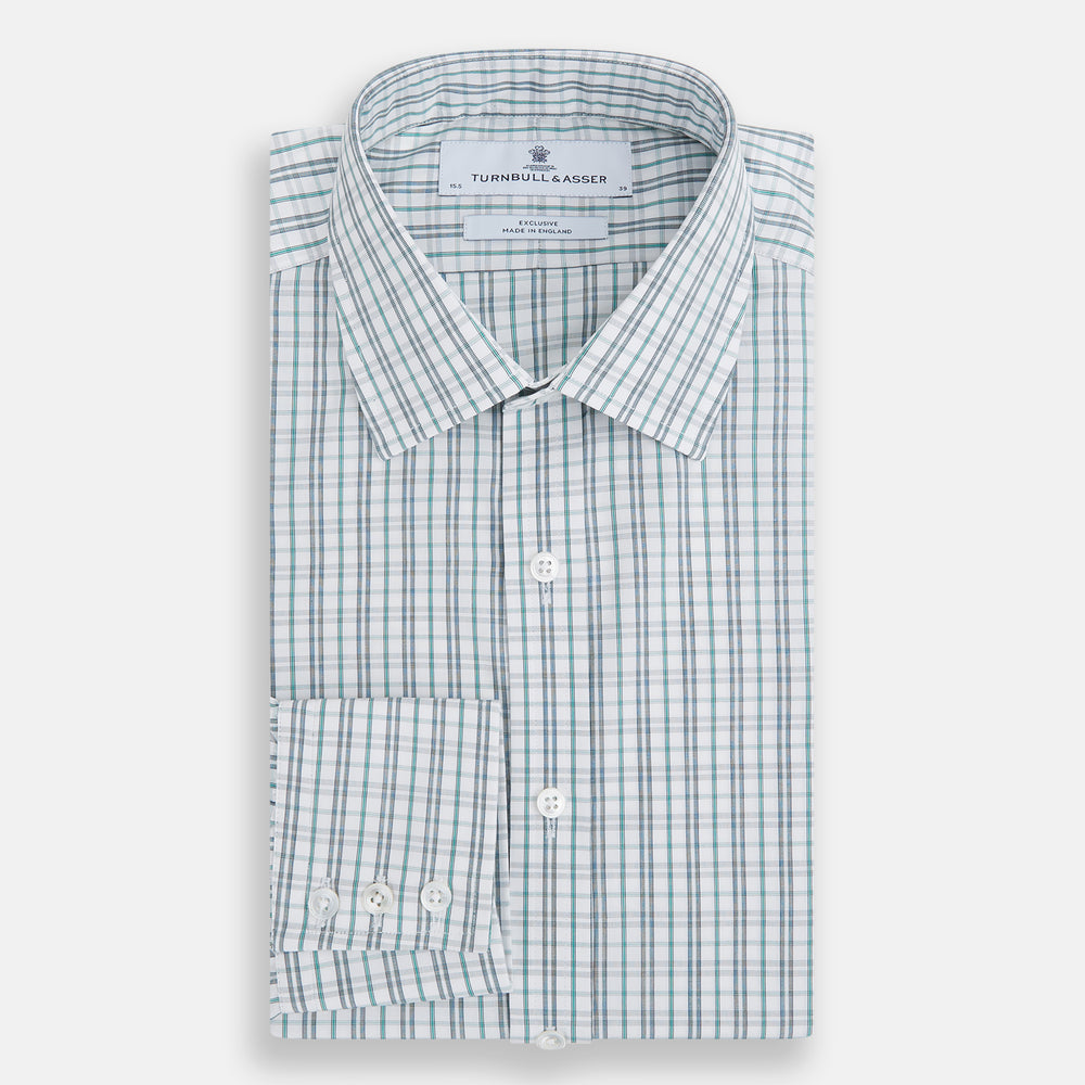 The Turnbull & Asser Sage Green Multi Check Mayfair Shirt is a long-sleeved, button-up shirt with a spread collar, crafted from premium Italian cotton and displayed on a white background.