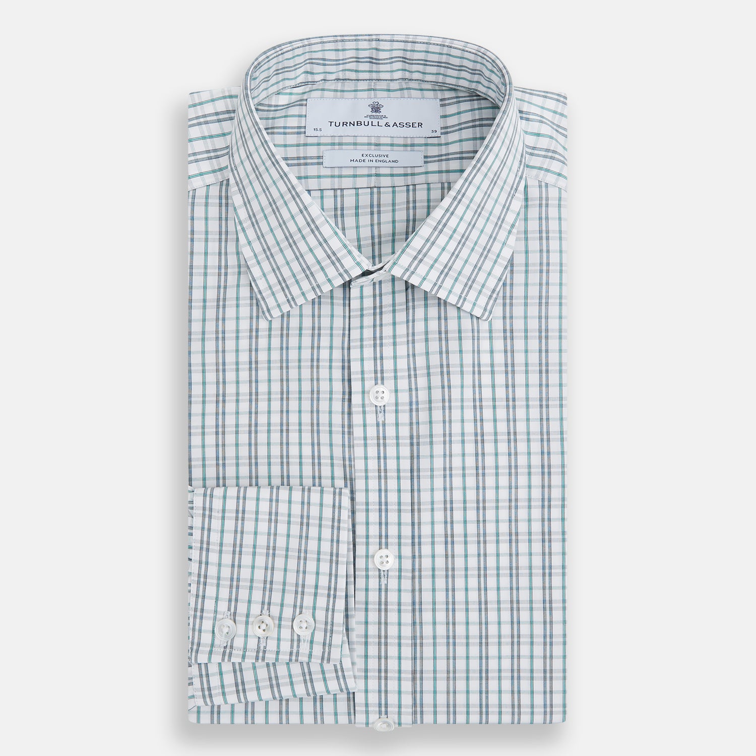 View 5 of product The Turnbull & Asser Sage Green Multi Check Mayfair Shirt is a long-sleeved, button-up shirt with a spread collar, crafted from premium Italian cotton and displayed on a white background.