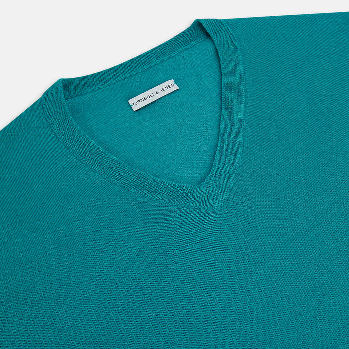 Turquoise Fine Merino V-Neck Jumper Image 1