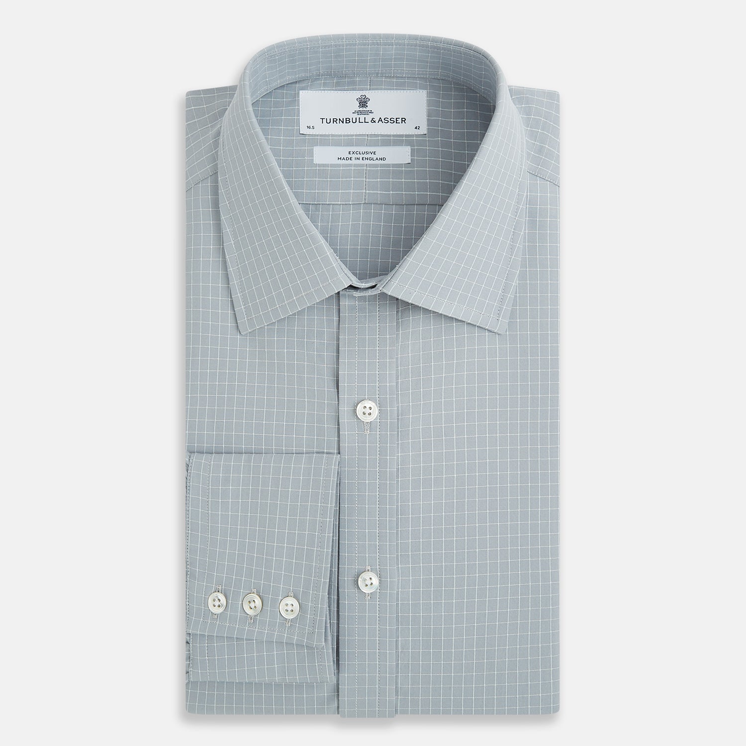 View 5 of product Turnbull & Asser Pale Blue Fine Check Mayfair Shirt—a long-sleeve button-up with classic collar, buttoned cuffs, white buttons, and a subtle check pattern in sanforised cotton—displayed on a white background.