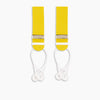 View 3 of product The Turnbull & Asser Golden Adjustable Felt Braces feature yellow elastic, silver metal clips, and white leather loops, evoking classic English style. Shown against a white backdrop.