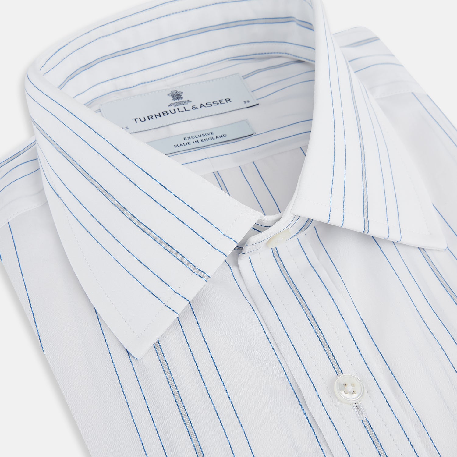 View 2 of product The Turnbull & Asser Pale Blue Multi Stripe Mayfair Shirt, featuring long sleeves, a classic collar, and buttoned cuffs, exemplifies British craftsmanship and is shown flat on a white background for a crisp look.
