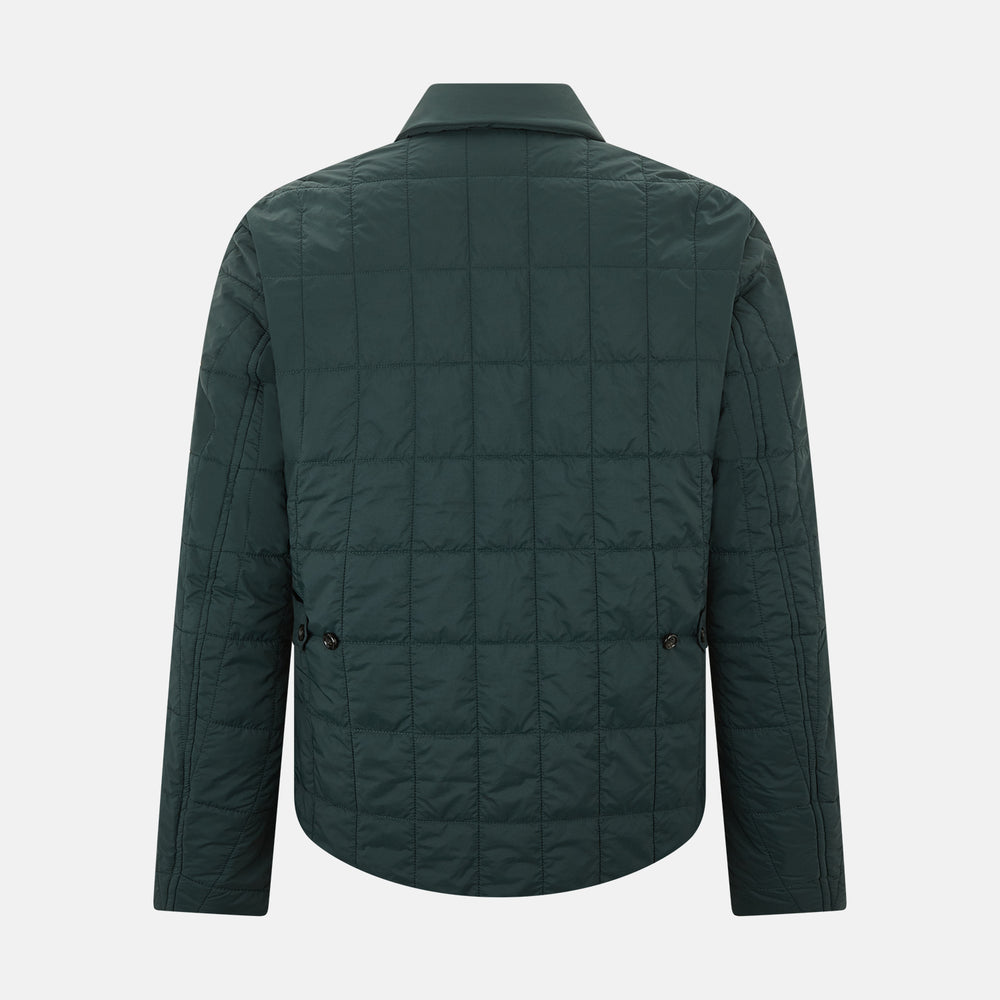 The Turnbull & Asser Battersea Forest Green Quilted Jacket for men features a front zipper, collared neckline, angled chest pocket, two zippered side pockets, and adjustable snap cuffs—shown on a plain white background.