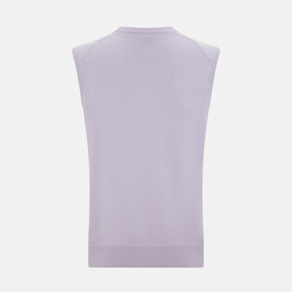 The Turnbull & Asser Lilac Cashmere V-Neck Vest is a sleeveless knit with a ribbed hem, showcasing sophisticated style in light purple against a plain white background.