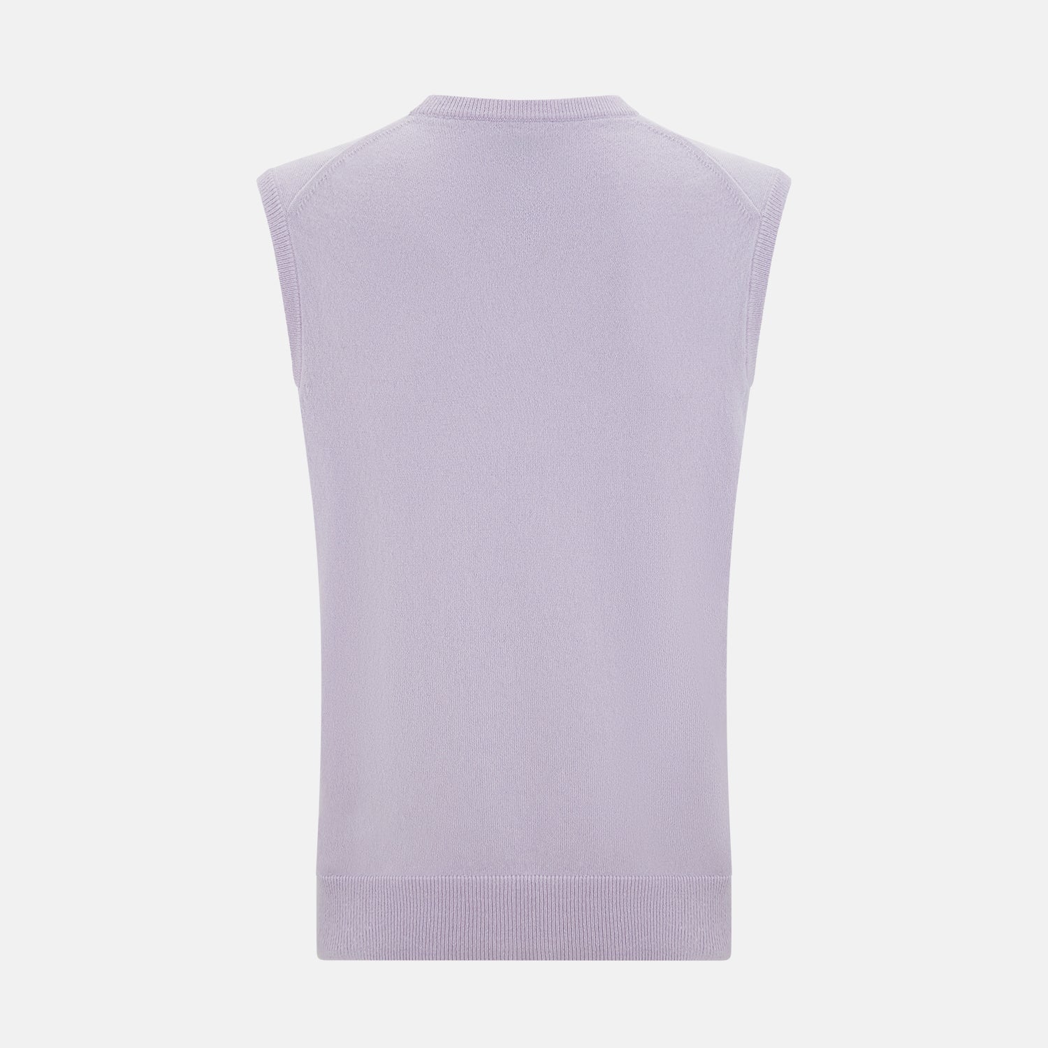 View 3 of product The Turnbull & Asser Lilac Cashmere V-Neck Vest is a sleeveless knit with a ribbed hem, showcasing sophisticated style in light purple against a plain white background.