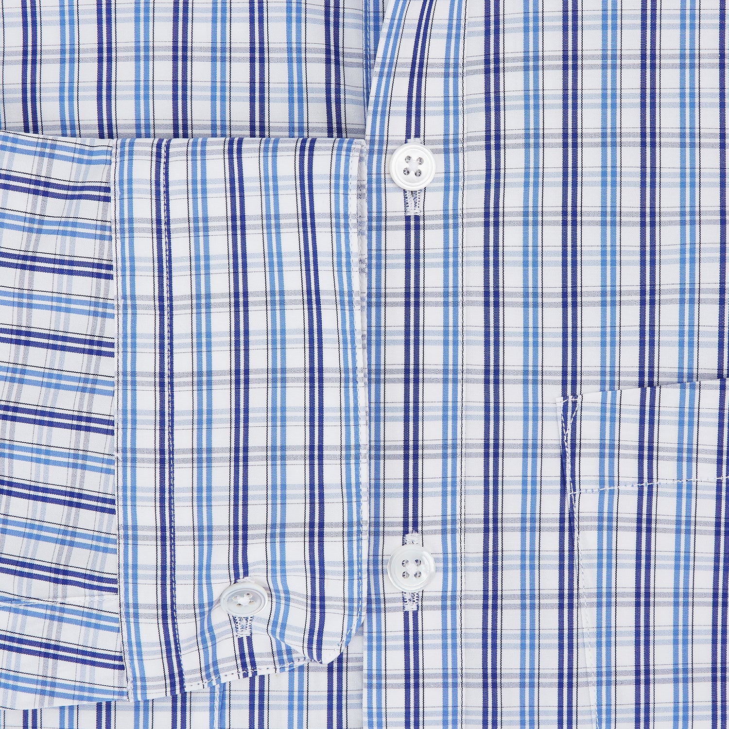 View 4 of product Turnbull & Asser's Blue and Navy Multi Check Piccadilly Shirt features long sleeves, a pointed collar, and two buttoned chest pockets, shown on a white background.