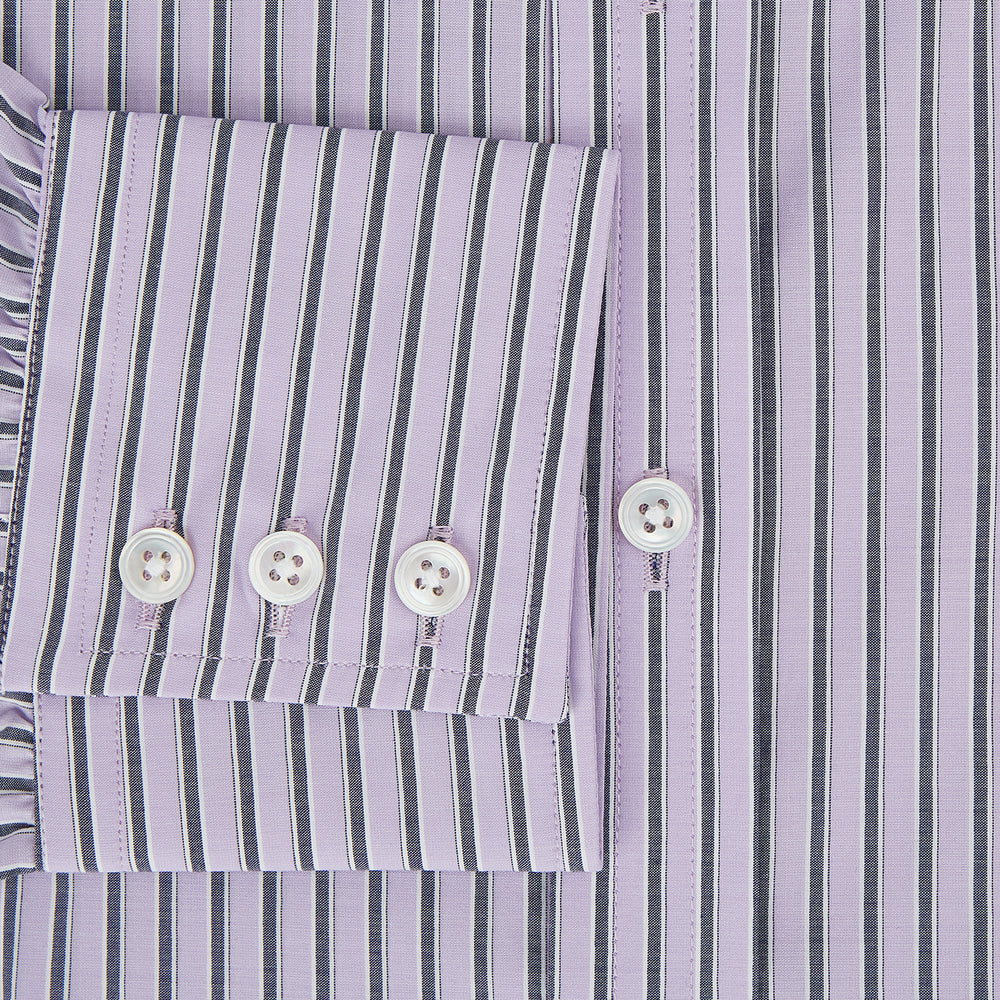 The Turnbull & Asser Lilac Ticking Stripe Mayfair Shirt in Italian cotton features long sleeves, a classic collar and cuffs, and is shown on a white background.