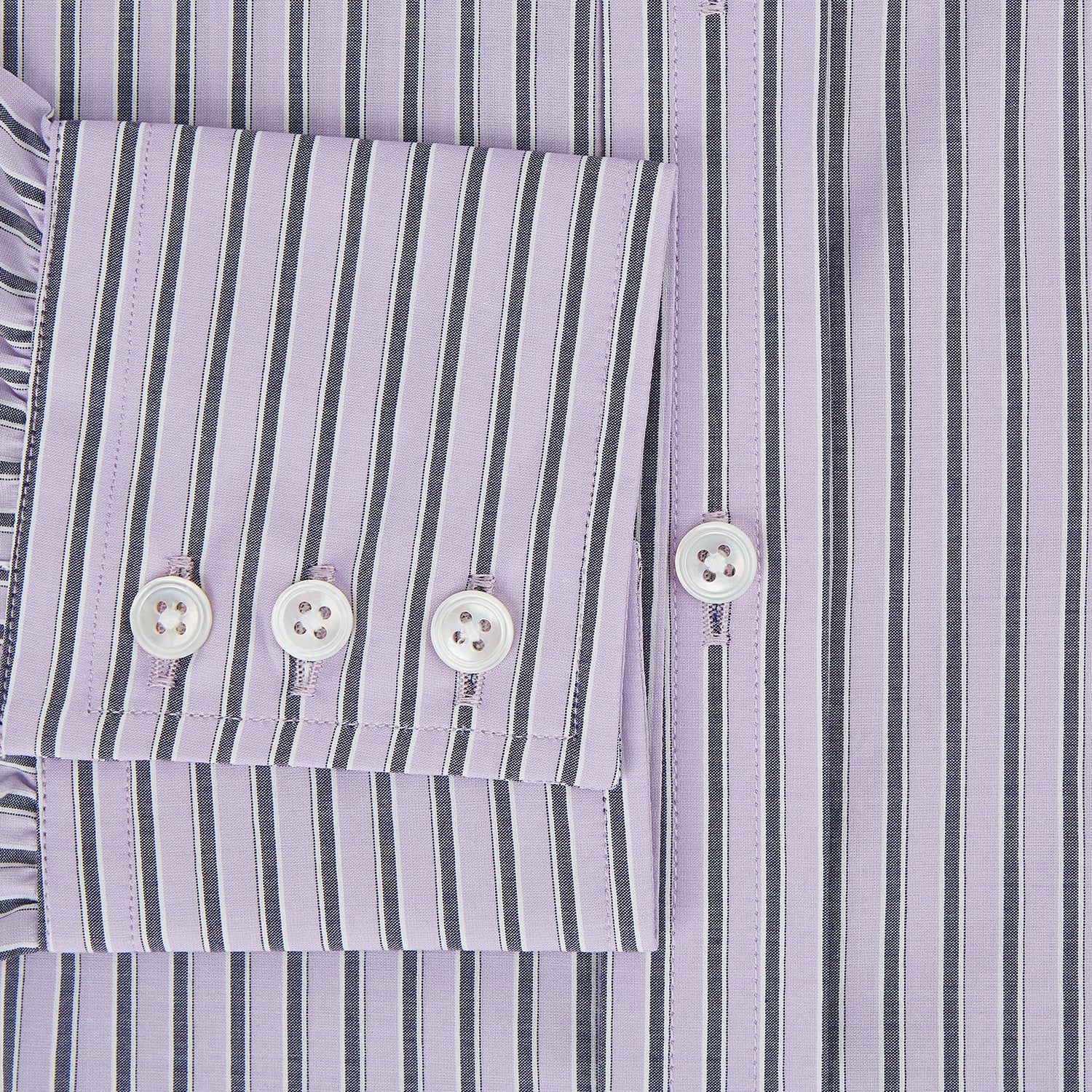View 4 of product The Turnbull & Asser Lilac Ticking Stripe Mayfair Shirt in Italian cotton features long sleeves, a classic collar and cuffs, and is shown on a white background.