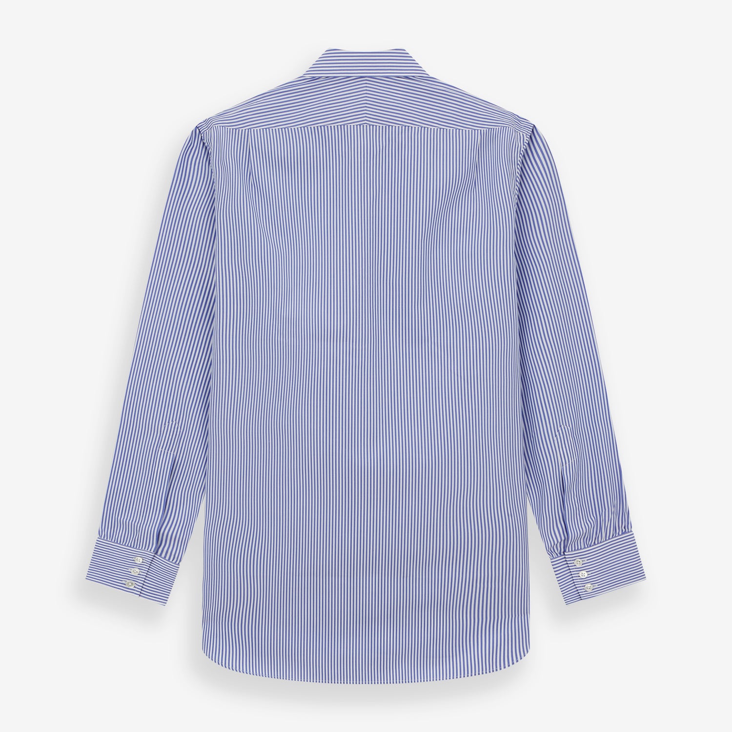 View 3 of product The Turnbull & Asser Blue Bengal Stripe Shirt with T&A collar and 3-button cuffs is shown laid flat on a white background.