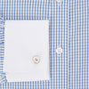 View 4 of product The Turnbull & Asser Sky Blue Micro Shadow Check Shirt features a Mayfair fit, contrast white collar and double cuffs—ideal for formal wear—shown against a plain white background.