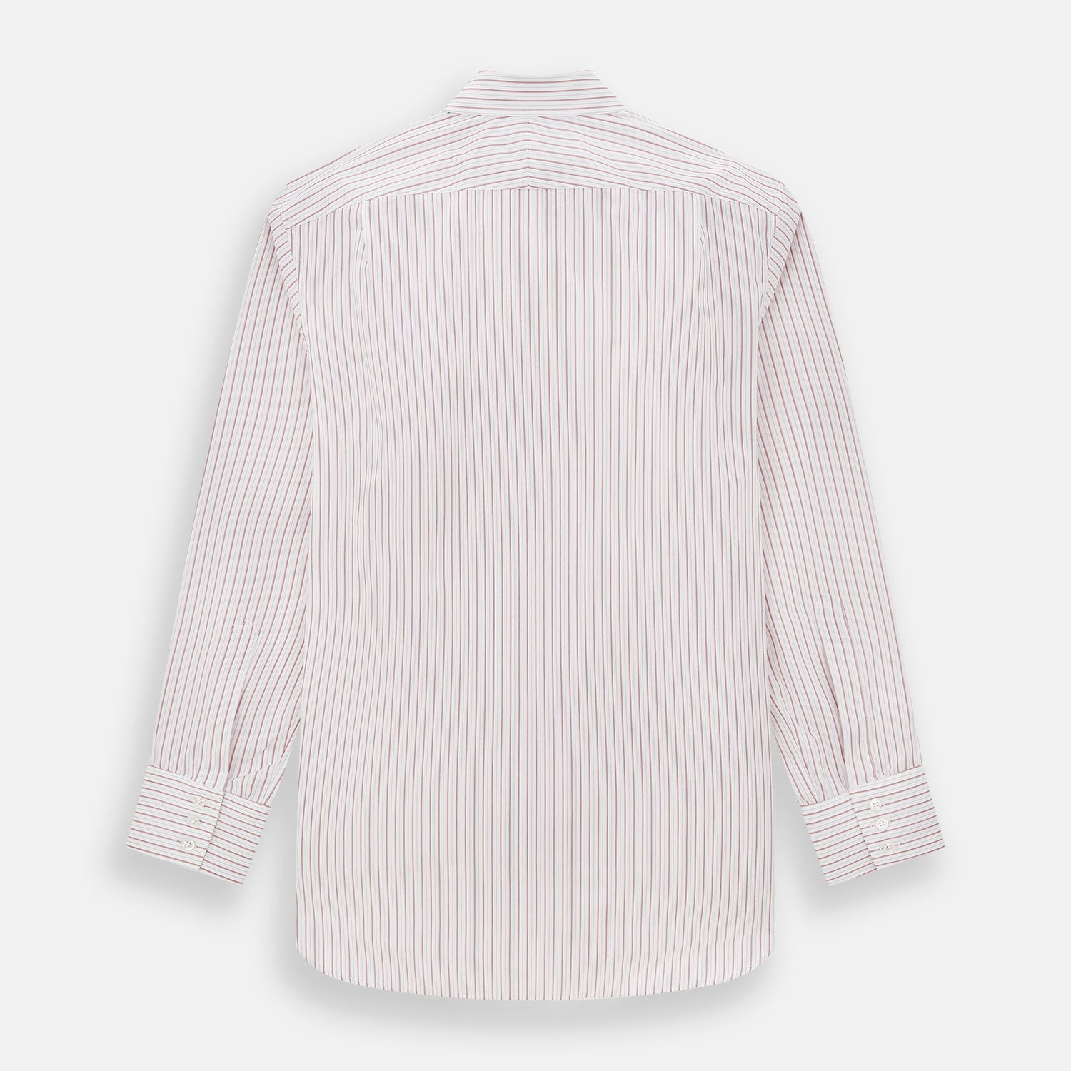 View 3 of product The Red Multi Ticking Stripe Mayfair Shirt by Turnbull & Asser features thin red and blue vertical stripes on white, a T&A collar, long sleeves, and button-up design.