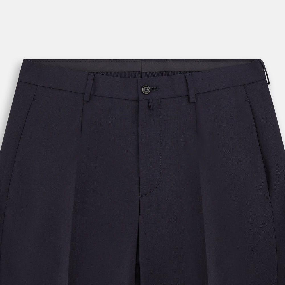 The Navy Rupert Trousers by Turnbull & Asser are tailored wool trousers with a button and zip closure, belt loops, and front creases, elegantly displayed against a plain white background.
